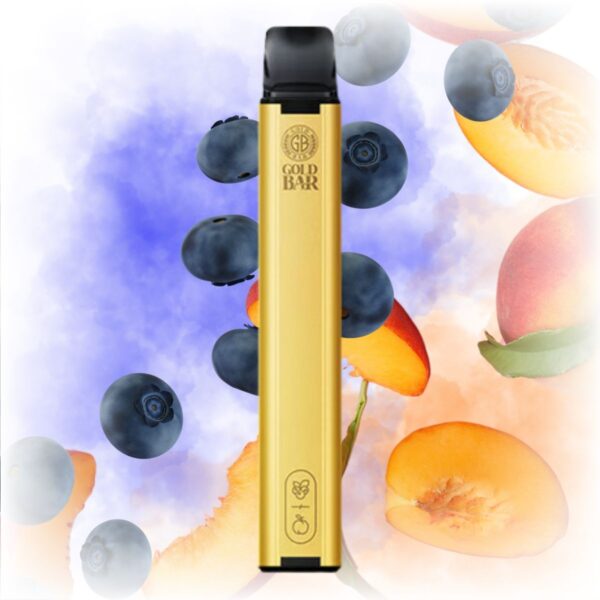 Gold Bar Blueberry Peach Disposable Vape with a sleek design, featuring blueberry and peach flavors.