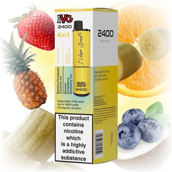 IVG 2400 4 in 1 Multi Flavour Banana Edition vape with a sleek design, featuring a variety of banana flavors.