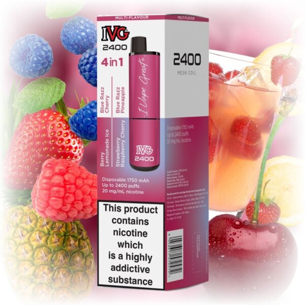 IVG 2400 4 in 1 Multi Flavour Berry Edition vape with a sleek design, featuring a variety of berry flavors.