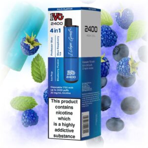 IVG 2400 4 in 1 Multi Flavour Blue Edition vape with a sleek design, featuring a variety of blue-themed flavors.