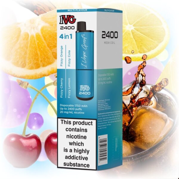 IVG 2400 4 in 1 Multi Flavour Fizzy Edition vape with a sleek design, featuring a variety of fizzy flavors.