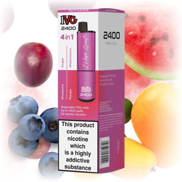 IVG 2400 4 in 1 Multi Flavour Fruits Edition vape with a sleek design, offering a variety of fruit flavors.