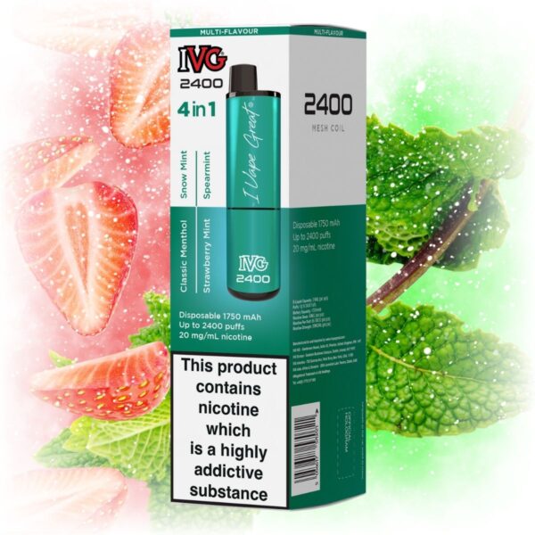 IVG 2400 4 in 1 Multi Flavour Mint Edition vape with a sleek design, featuring a variety of mint flavors.