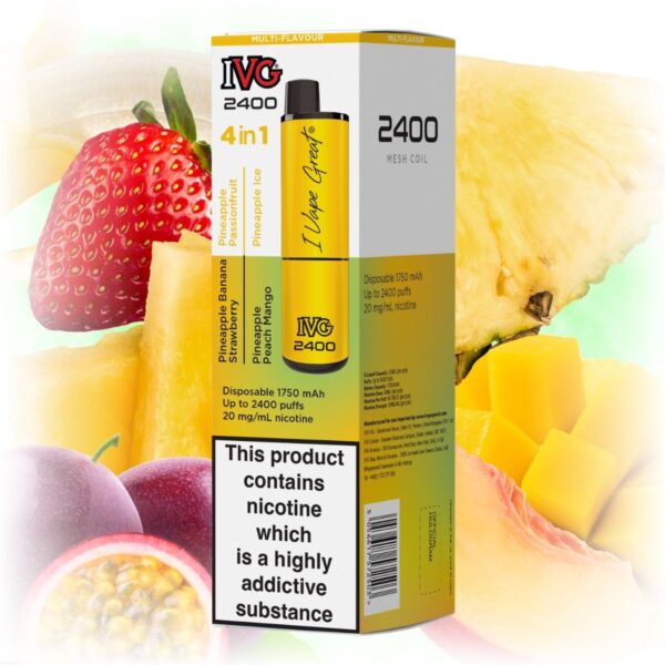 IVG 2400 4 in 1 Multi Flavour Pineapple Edition vape with a sleek design, featuring multiple pineapple flavors.