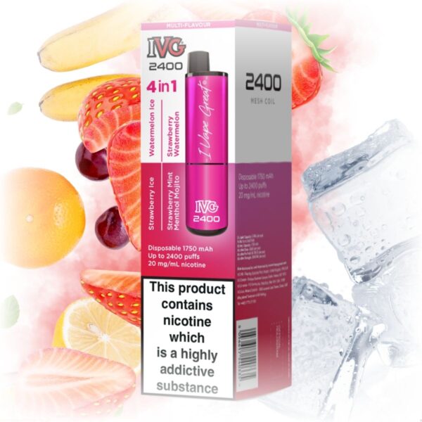 IVG 2400 4 in 1 Multi Flavour Pink Edition vape with a sleek design, featuring a variety of pink-themed flavors.