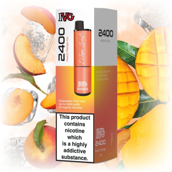 IVG 2400 Peach Mango Ice vape with a sleek design, featuring a blend of peach and mango flavors with an icy finish.