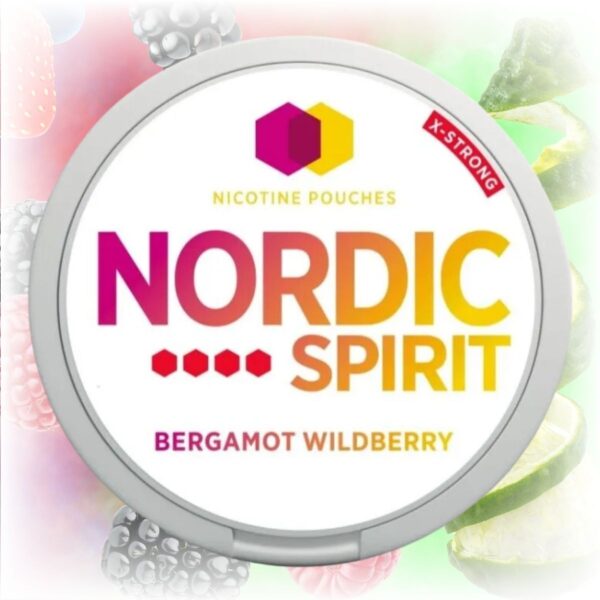 Nordic Spirit Bergamot Wildberry Slim Extra Strong nicotine pouches in a sleek tin with bergamot and wildberry flavors.