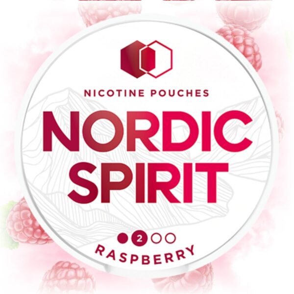 Nordic Spirit Raspberry Slim Normal nicotine pouches in a sleek tin with raspberry flavor.