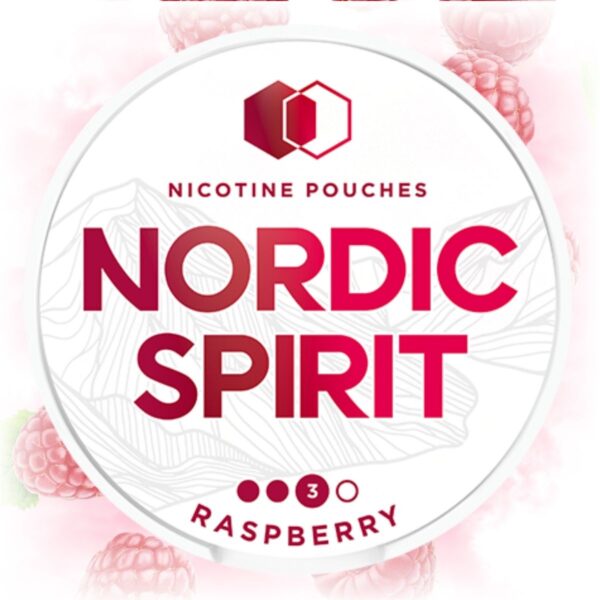 Nordic Spirit Raspberry Slim Strong nicotine pouches in a sleek tin with raspberry flavor.