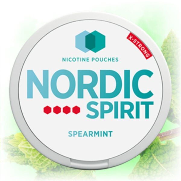 Nordic Spirit Spearmint Slim Extra Strong nicotine pouches in a sleek tin with spearmint flavor.