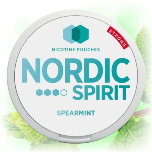 Nordic Spirit Spearmint Slim Strong nicotine pouches in a sleek tin with spearmint flavor.