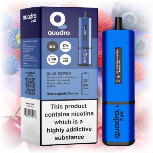 Quadro 2400 Blue Series Vape with a sleek design featuring a vibrant blue finish.