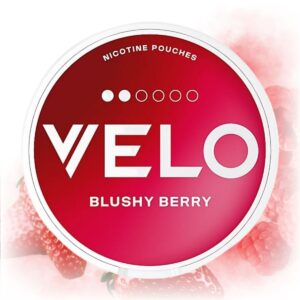 VELO Blushy Berry nicotine pouches in a sleek tin with berry flavors.