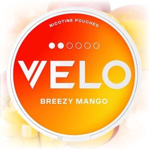 VELO Breezy Mango nicotine pouches in a sleek tin with mango flavor.