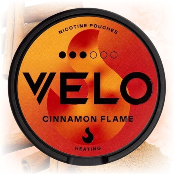 VELO Cinnamon Flame nicotine pouches in a sleek tin with cinnamon flavor.