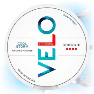 VELO Cool Storm X-Strong nicotine pouches in a sleek tin with an intense cool mint flavor.