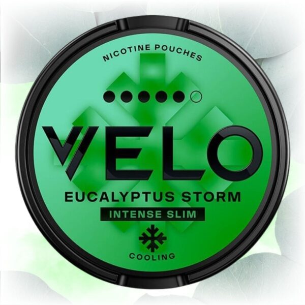 VELO Eucalyptus Storm Ultra nicotine pouches in a sleek tin with eucalyptus flavor.