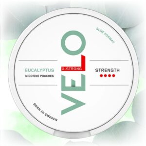 VELO Eucalyptus X-Strong nicotine pouches in a sleek tin with eucalyptus flavor.