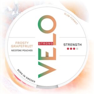 VELO Frosty Grapefruit nicotine pouches in a sleek tin with frosty grapefruit flavor.