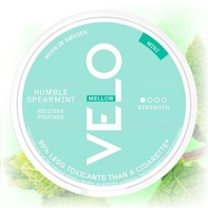 VELO Humble Spearmint Mini nicotine pouches in a sleek tin with spearmint flavor.