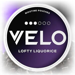 VELO Lofty Liquorice nicotine pouches in a sleek tin with liquorice flavor.