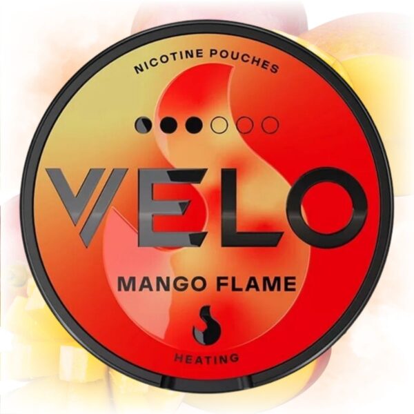 VELO Mango Flame nicotine pouches in a sleek tin with a fiery mango flavor.