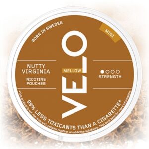 VELO Nutty Virginia Mini nicotine pouches in a sleek tin with nutty Virginia tobacco flavor.