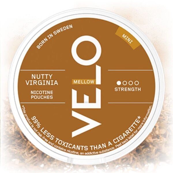 VELO Nutty Virginia Mini nicotine pouches in a sleek tin with nutty Virginia tobacco flavor.