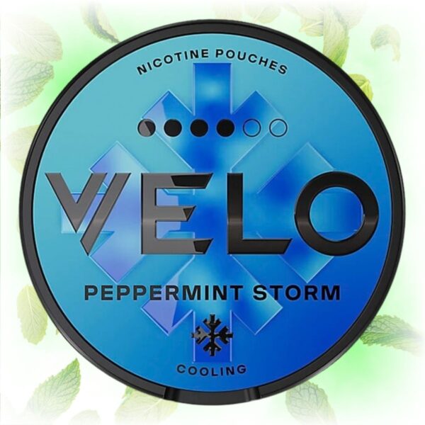 Velo Peppermint Storm nicotine pouches in a blue tin with peppermint leaves in the background.