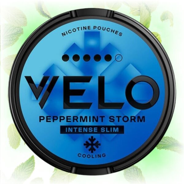 Velo Peppermint Storm Ultra nicotine pouches in a blue tin with peppermint leaves in the background.