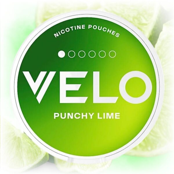 Velo Punchy Lime Mini nicotine pouches in a green tin with lime slices in the background.