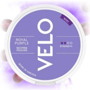 VELO Royal Purple Mini nicotine pouches in a sleek tin with grape flavor.