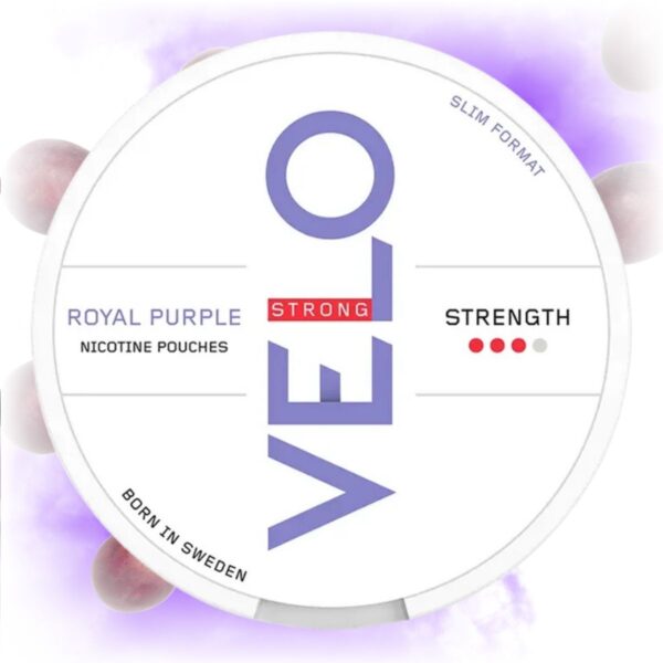 Velo Royal Purple Strong nicotine pouches in a royal purple tin with grape clusters in the background.