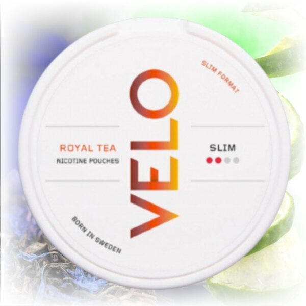 VELO Royal Tea nicotine pouches in a sleek tin with royal tea flavor.