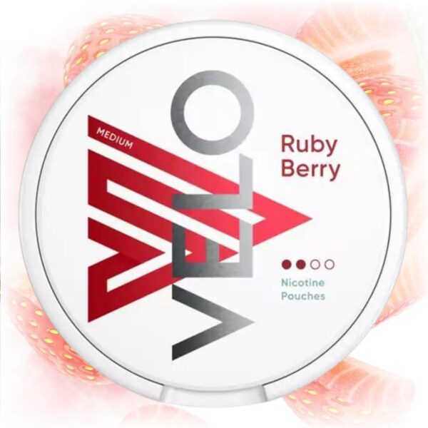 VELO Ruby Berry nicotine pouches in a sleek tin with a rich berry flavor.