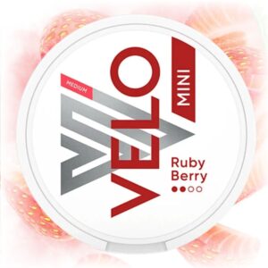 VELO Ruby Berry Mini nicotine pouches in a sleek tin with a rich berry flavor.