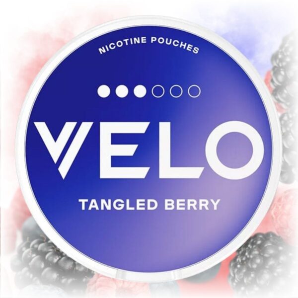 Velo Tangled Berry nicotine pouches in a purple tin with assorted berries in the background.