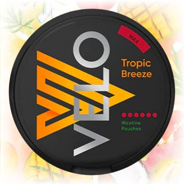 Velo Tropic Breeze Max nicotine pouches in an black and orange tin with tropical fruits in the background.