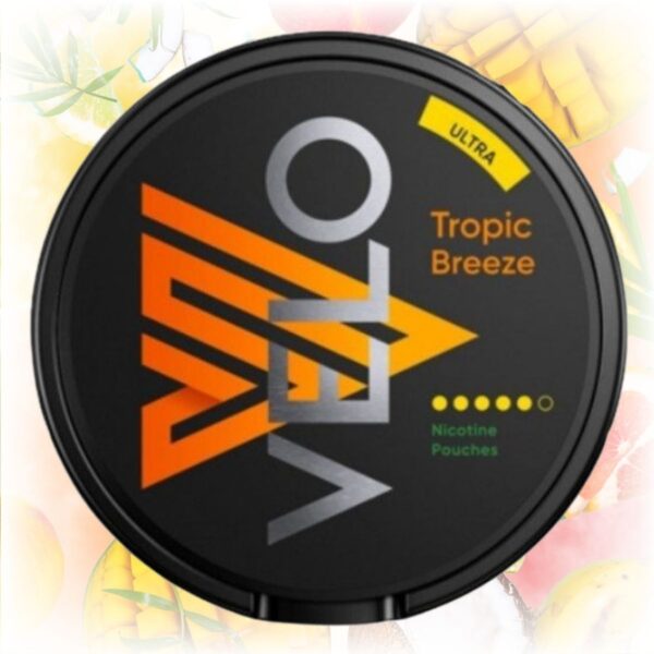 VELO Tropic Breeze Ultra nicotine pouches in a sleek tin with tropical fruit flavors.